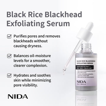 NIDA Arroz Negro Exfoliante Suero, ingredientes clave que potencian luminosidad.