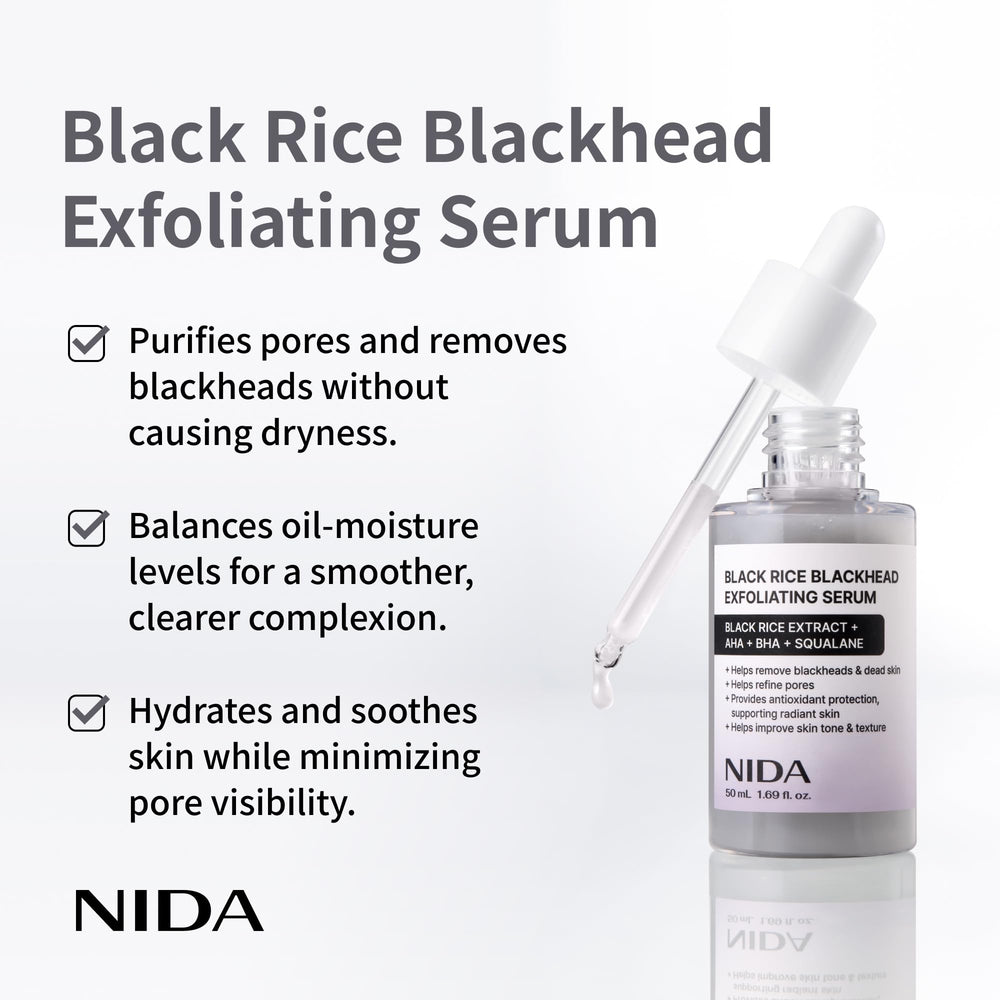 NIDA Arroz Negro Exfoliante Suero, ingredientes clave que potencian luminosidad.