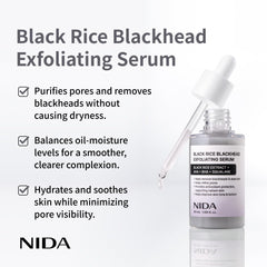NIDA Arroz Negro Exfoliante Suero, ingredientes clave que potencian luminosidad.