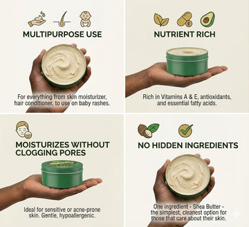 Nimba Foods whipped shea butter hydrates dry skin for everyday comfort.
