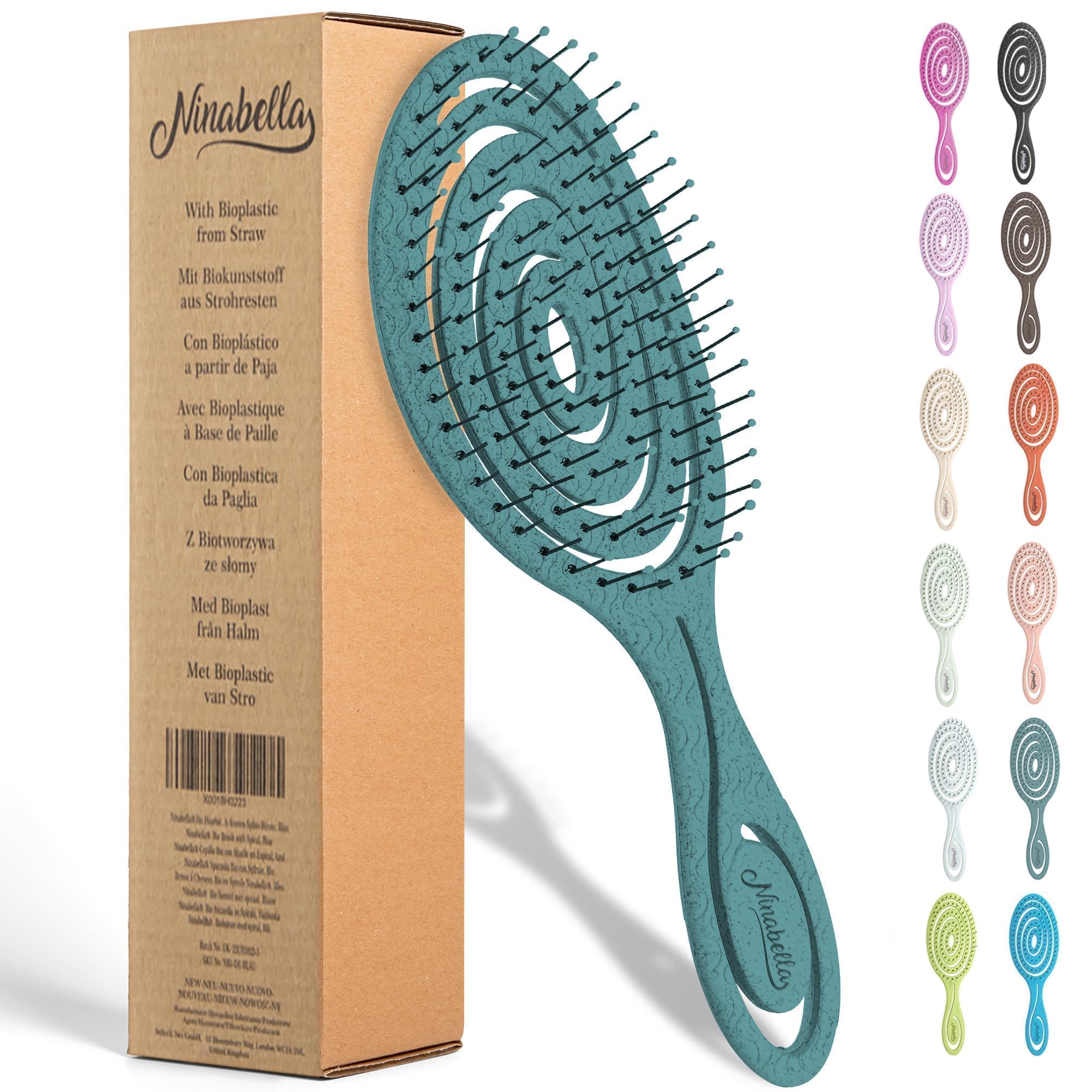 Ninabella cepillo desenredante espiral turquesa para cabello suave sin tirones.
