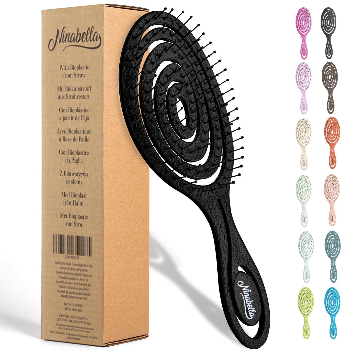 Cepillo Ninabella desenredante espiral con mango ergonómico para peinar sin tirones.