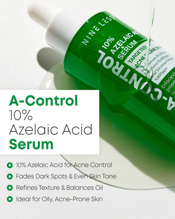 NINELESS 10% Azelaic Serum dropper releasing precise drops for controlled application.