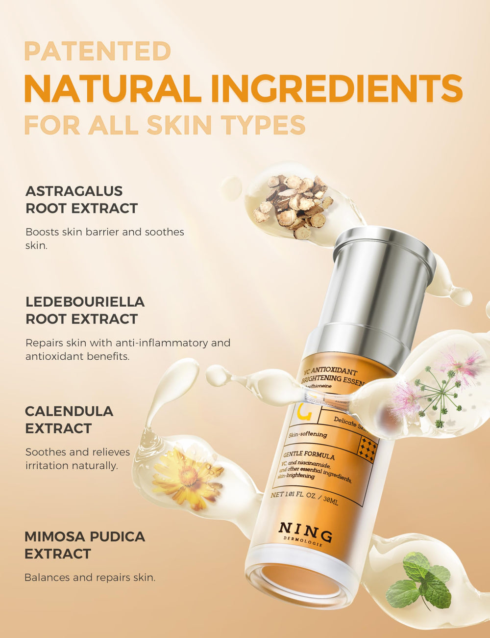 NING DERMOLOGIE Serum Vitamina C, absorción rápida para rostro suave.