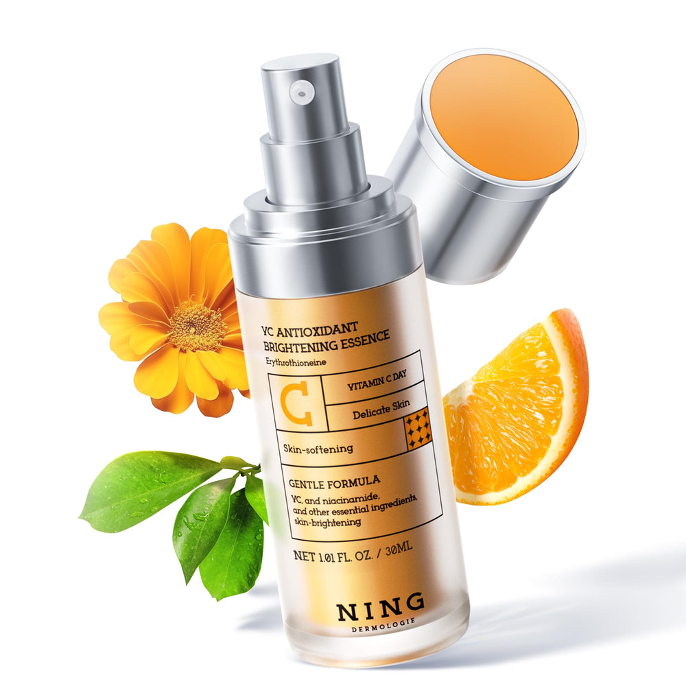 NING DERMOLOGIE Serum Vitamina C, botella frontal, para un brillo natural.