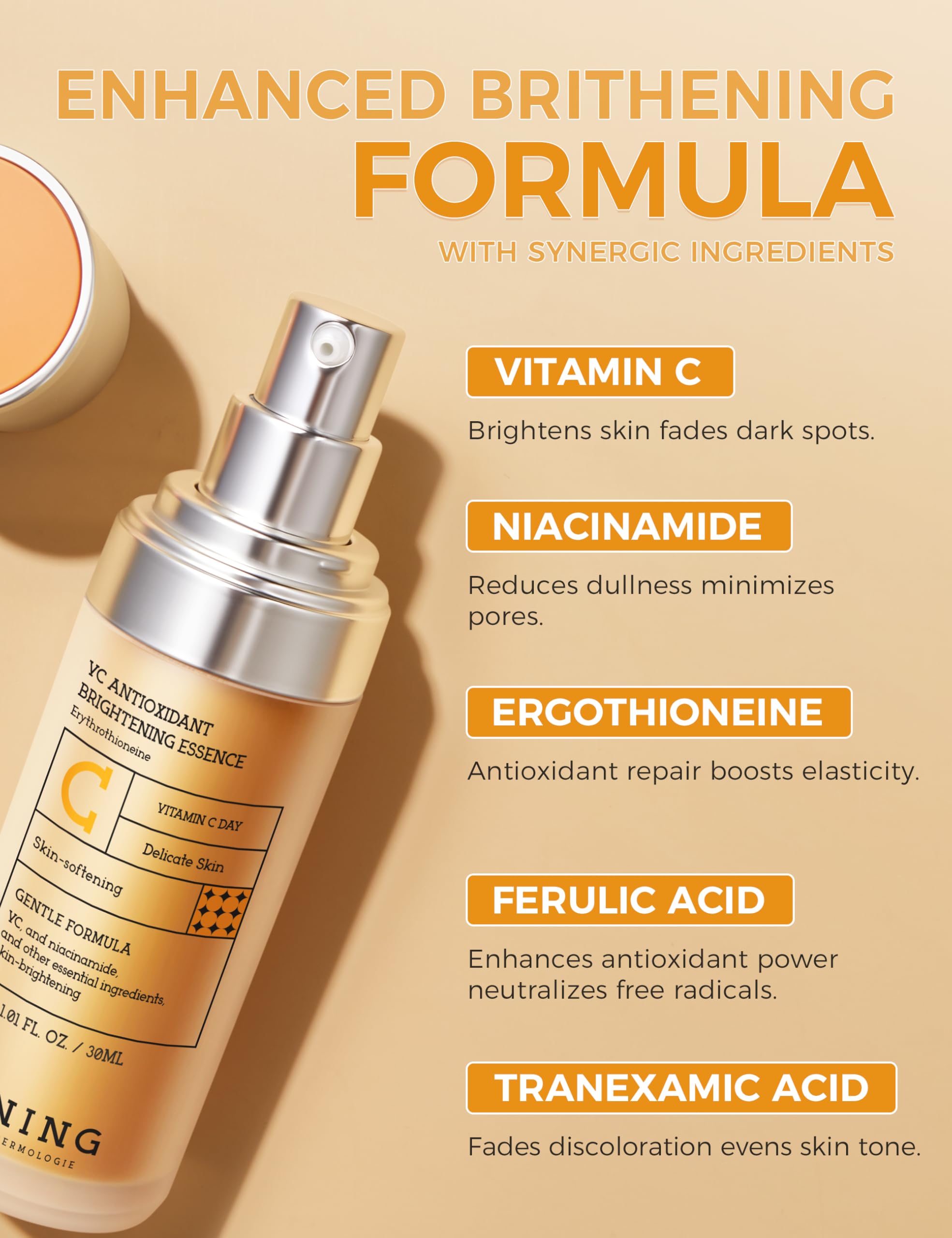 NING DERMOLOGIE Serum Vitamina C, dosis precisa para aplicación controlada.