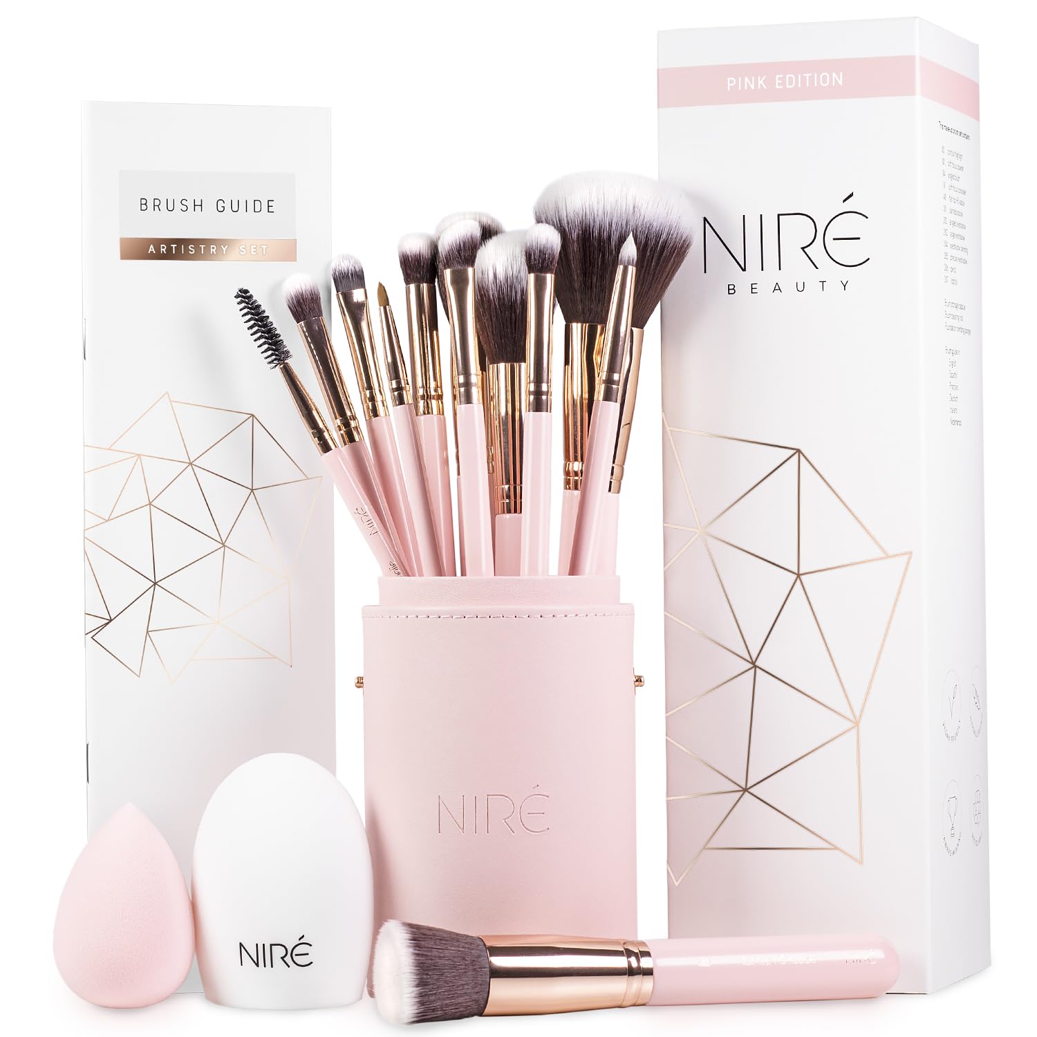 Niré Beauty: set de brochas rosas de 15 piezas para un acabado profesional suave.