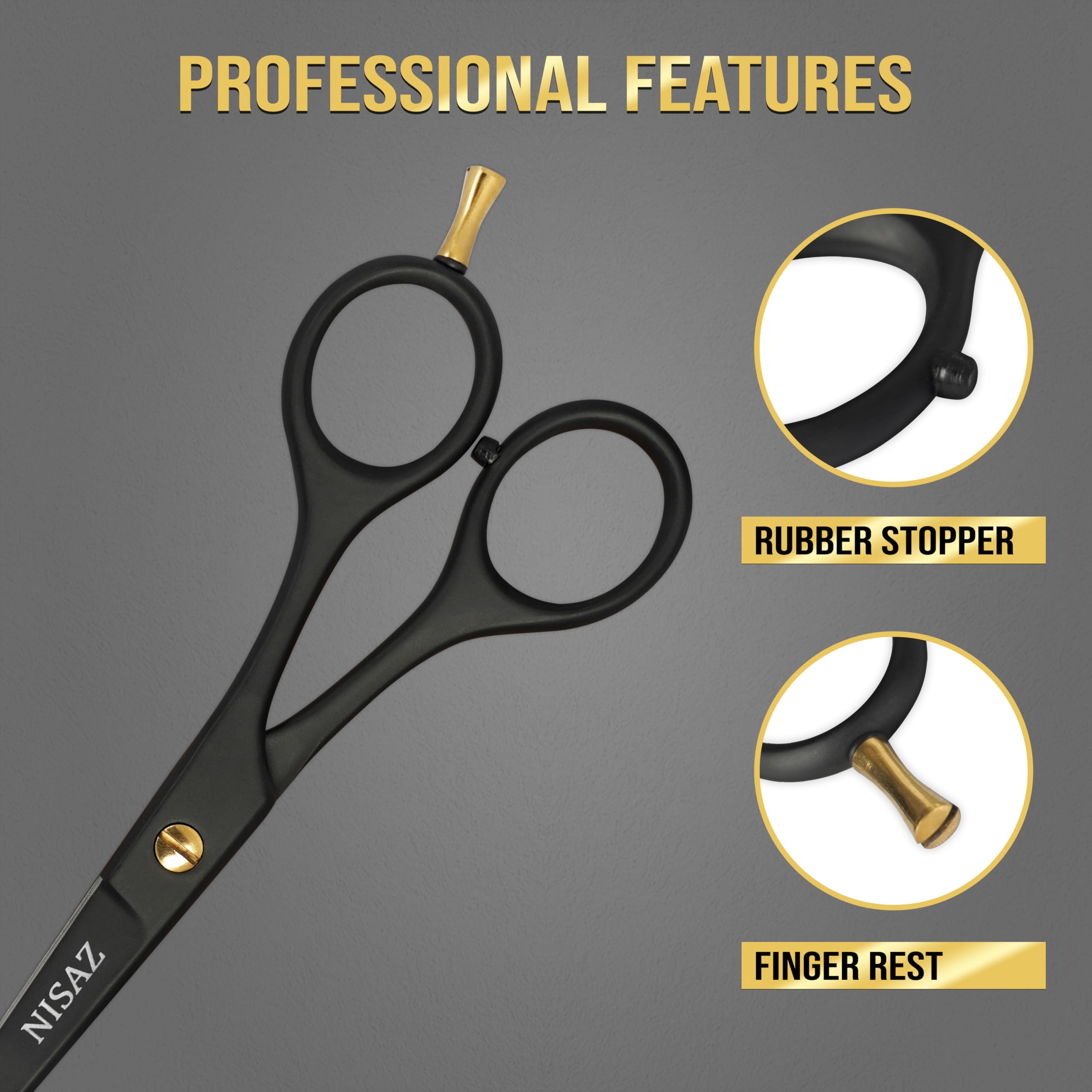 Tijeras NISAZ barbería con mango ergonómico para comodidad durante largas sesiones de corte.