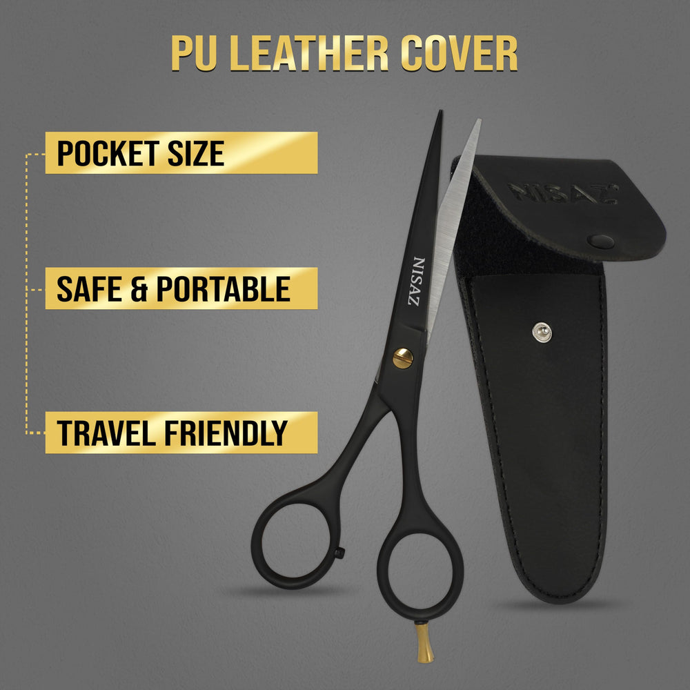 Tijeras NISAZ con estuche de cuero, protección y portabilidad para salón o viaje.