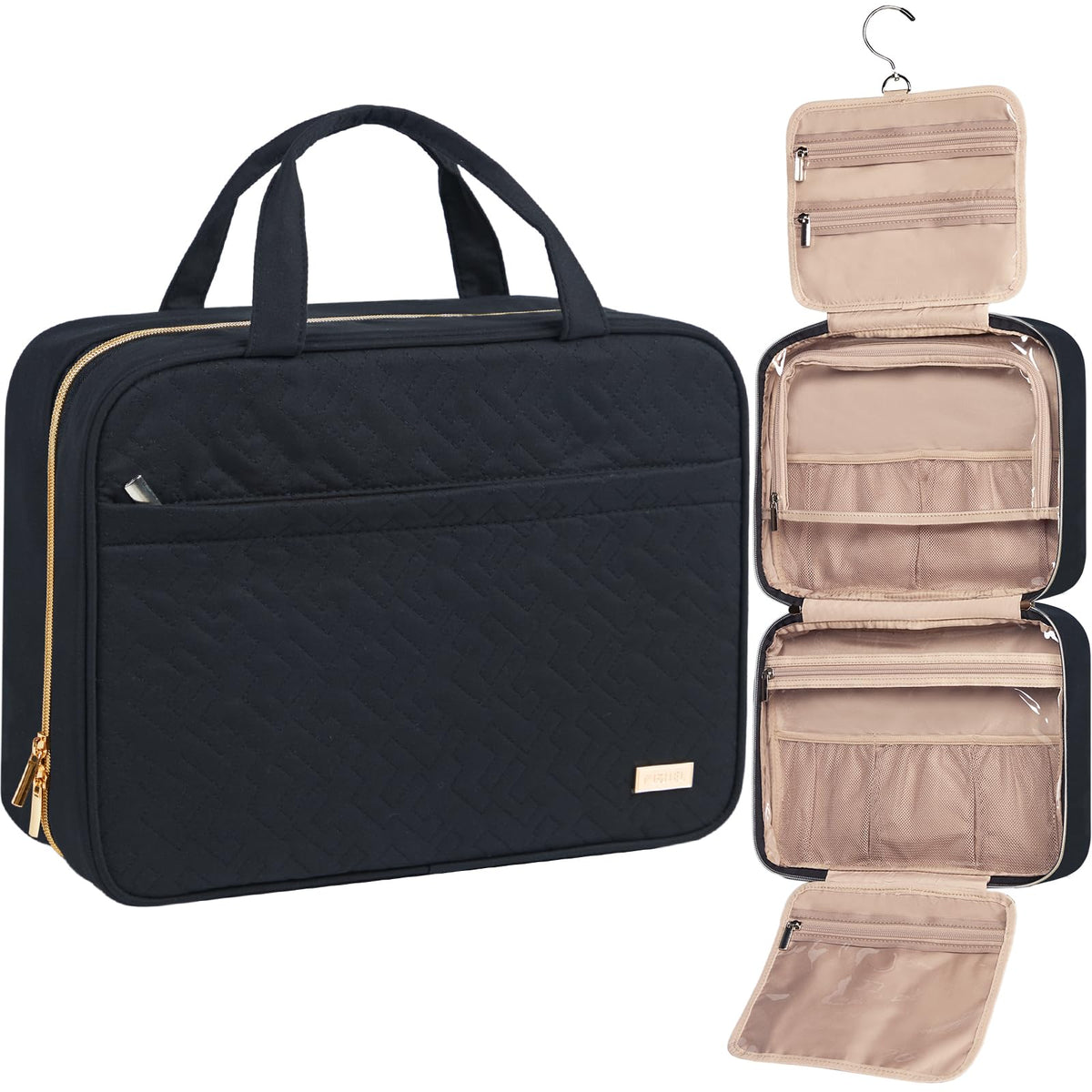 NISHEL bolsa de aseo de viaje, vista exterior en negro, ideal para viajes familiares.