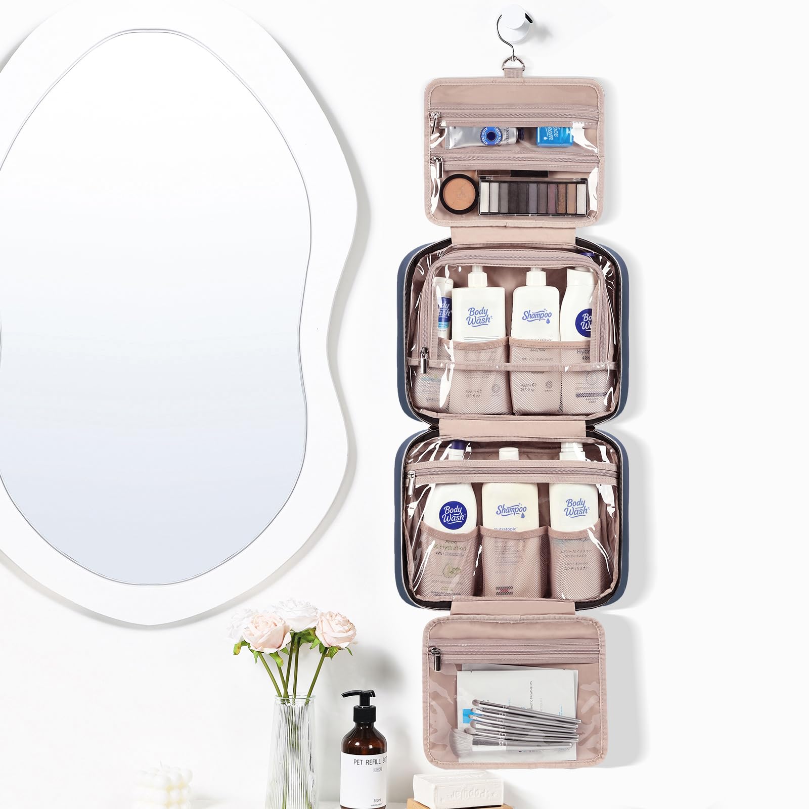 NISHEL bolsa de aseo abierta, amplio espacio para champú y acondicionador.