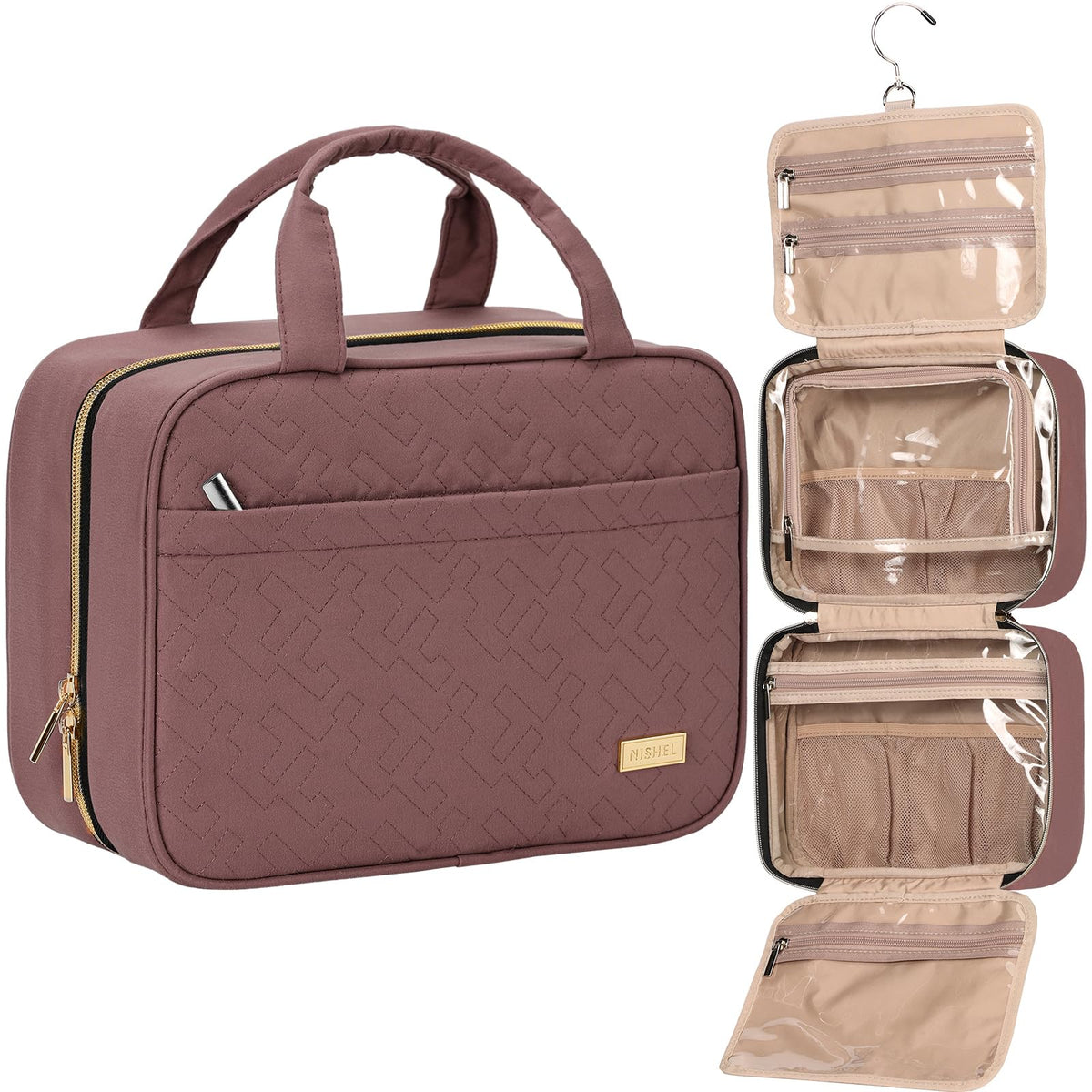 NISHEL bolso de aseo de viaje colgante en tono rosa caoba, ideal para acceso rápido.
