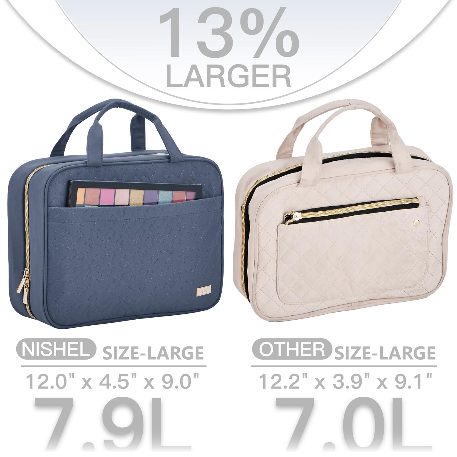 NISHEL organizador colgante, interior con compartimentos para cosméticos.