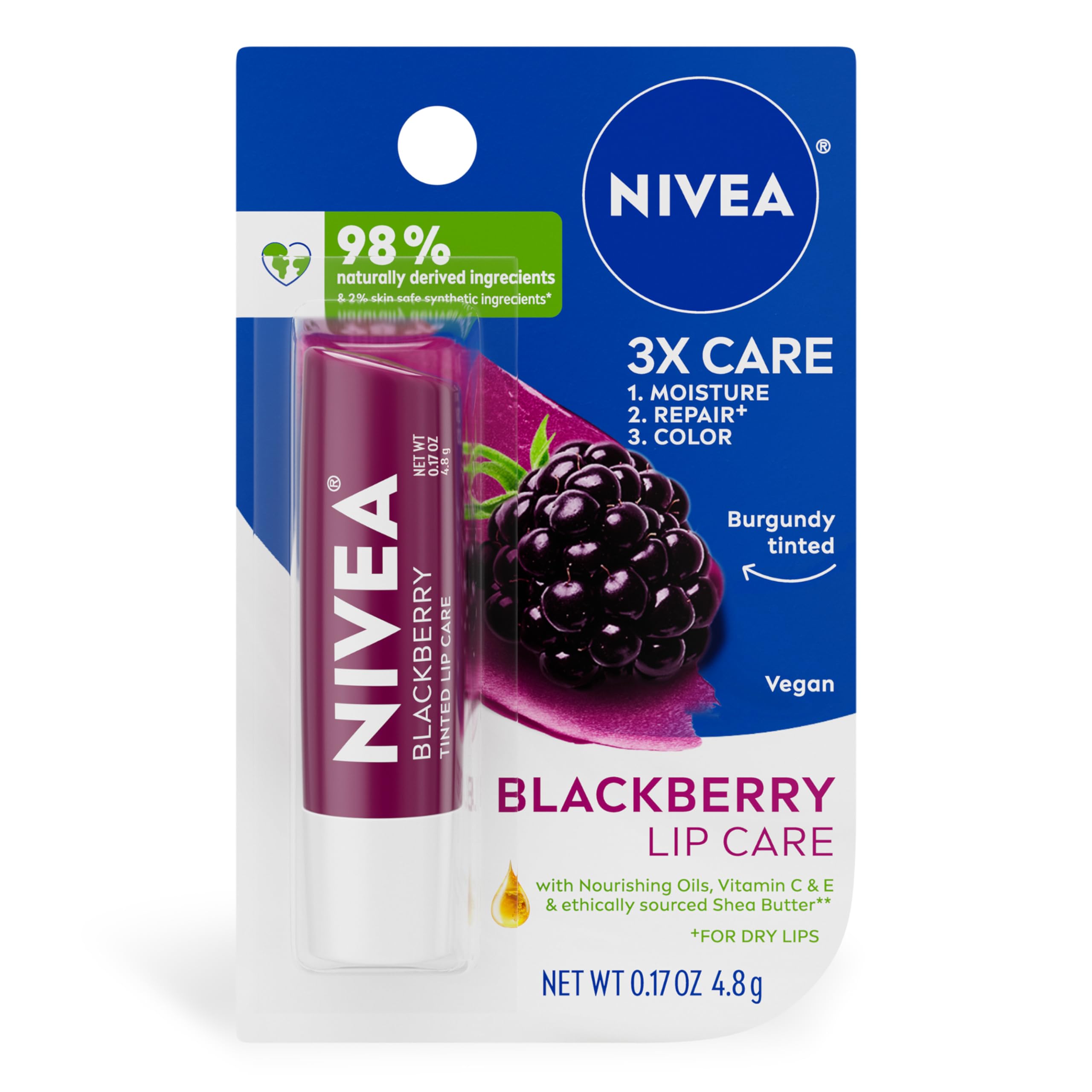 NIVEA Blackberry Lip Care barrita: hidratación y color suave para labios.
