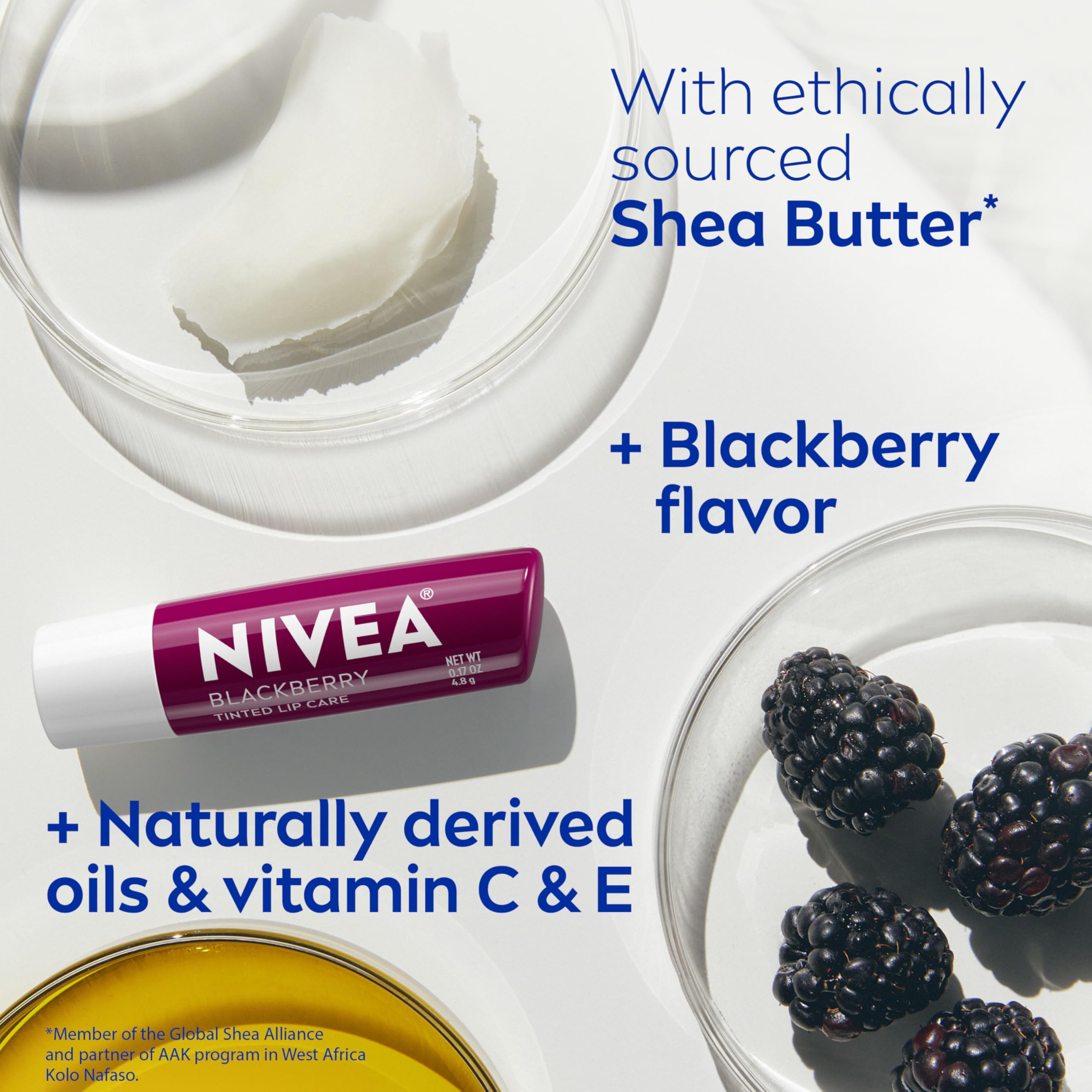 NIVEA Blackberry Lip Care fórmula vegana, sin derivados animales.