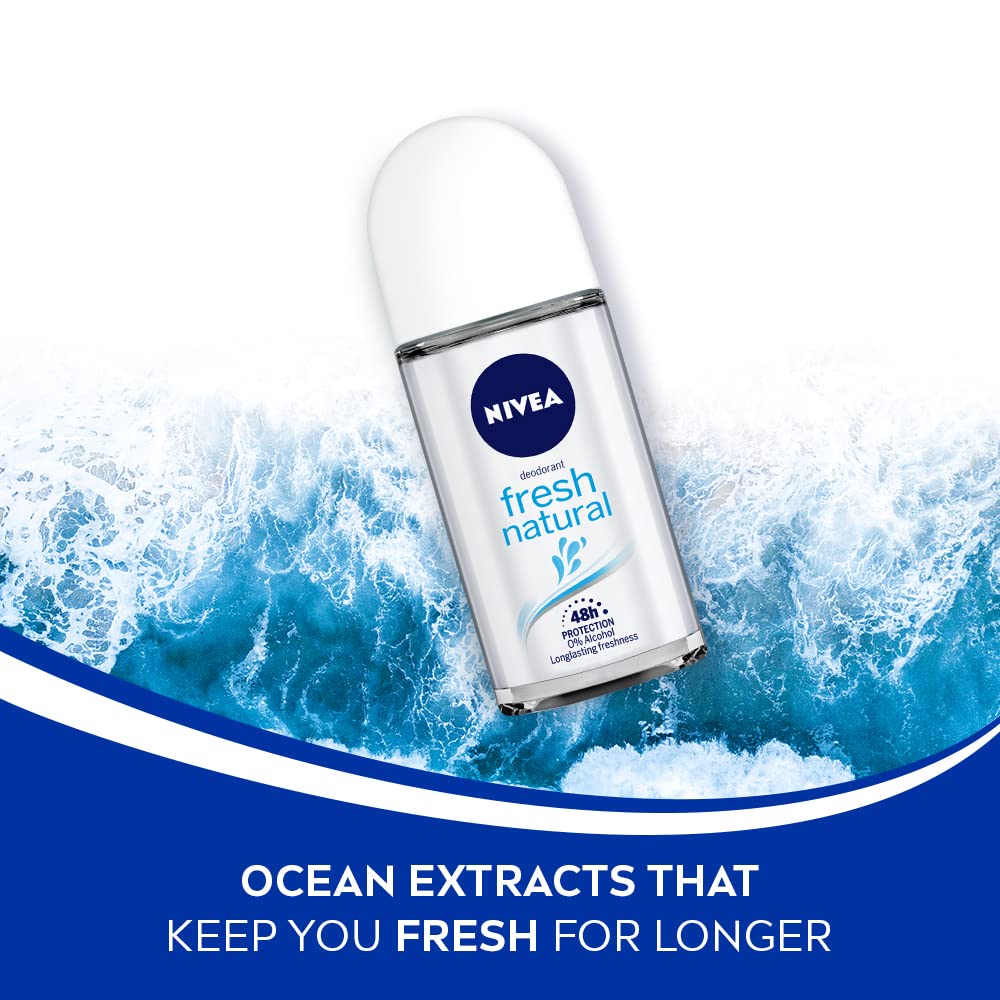 NIVEA Fresh Natural Roll-On, fragancia fresca sensación limpia durante el día.