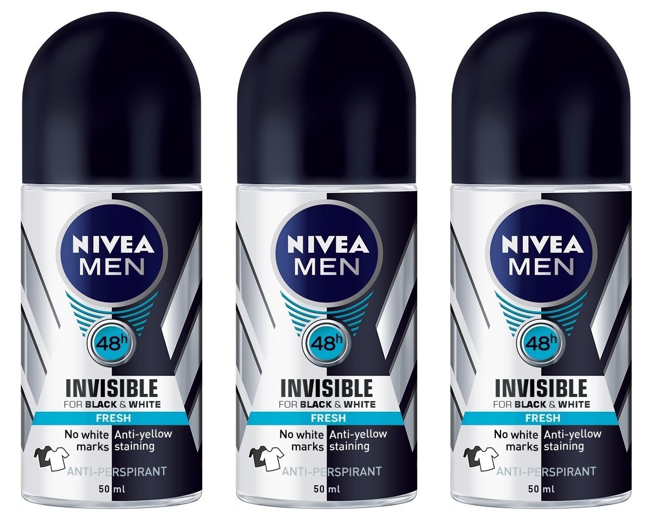 NIVEA Invisible for Black & White roll-on bottle 3-pack for all-day freshness.