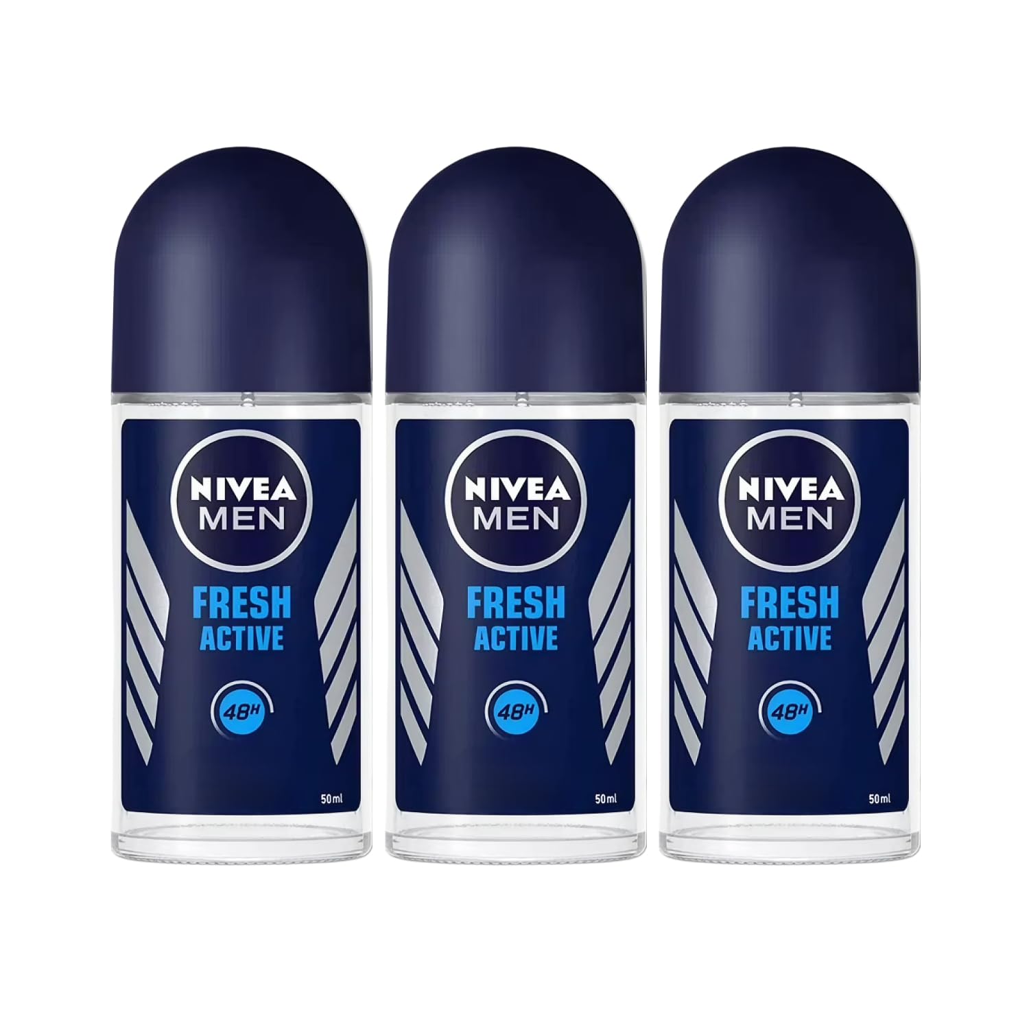 NIVEA Men Fresh Active roll-on bottle close-up with refreshing scent and 48-hour protection.