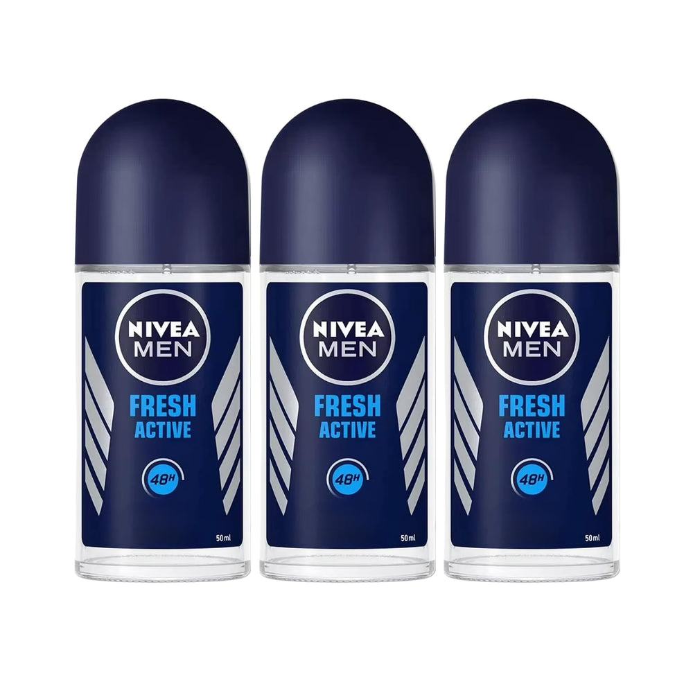 NIVEA Men Fresh Active roll-on bottle close-up with refreshing scent and 48-hour protection.