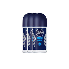 NIVEA Men Fresh Active triple-pack display for convenient home, gym, and travel use.