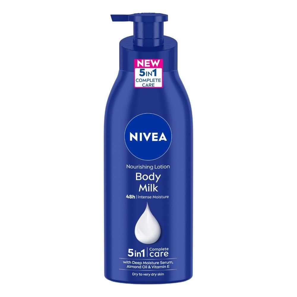 NIVEA Nourishing Lotion Body Milk bottle close-up showing rich texture for very dry skin.