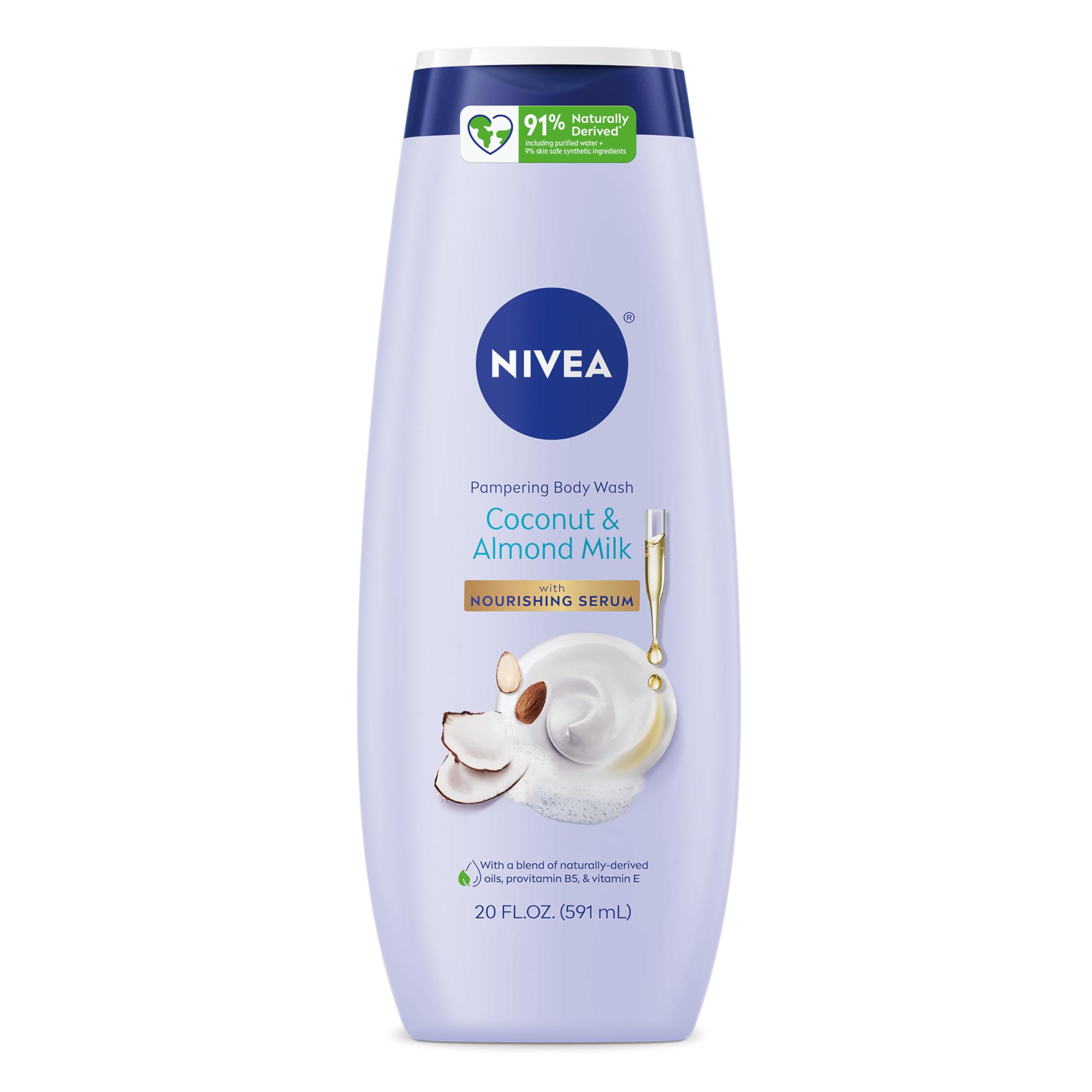NIVEA: botella del gel de ducha coco y leche de almendra en primer plano, hidratación suave.