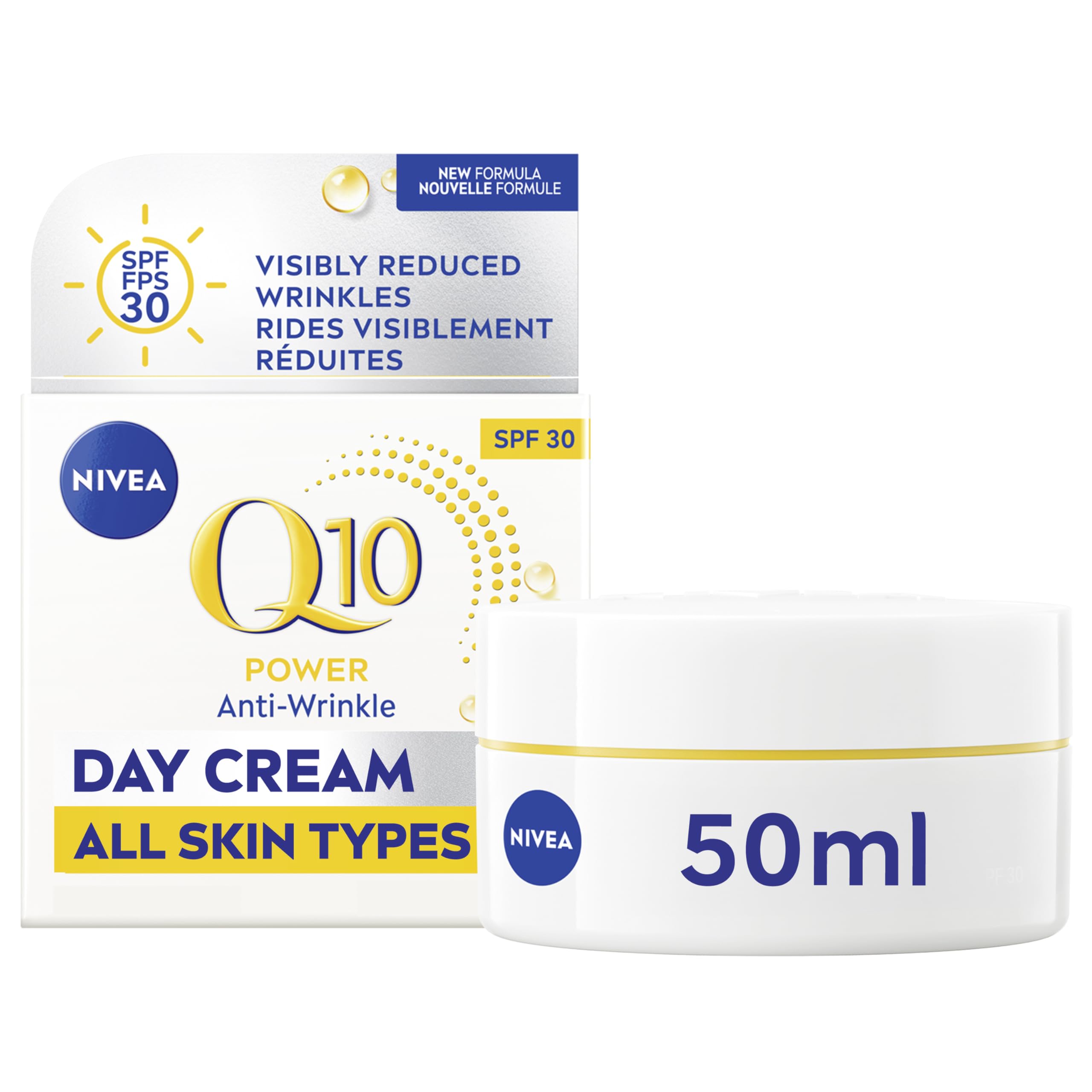 NIVEA Q10 Plus crema día SPF30 en bote, hidratación diaria y protección.