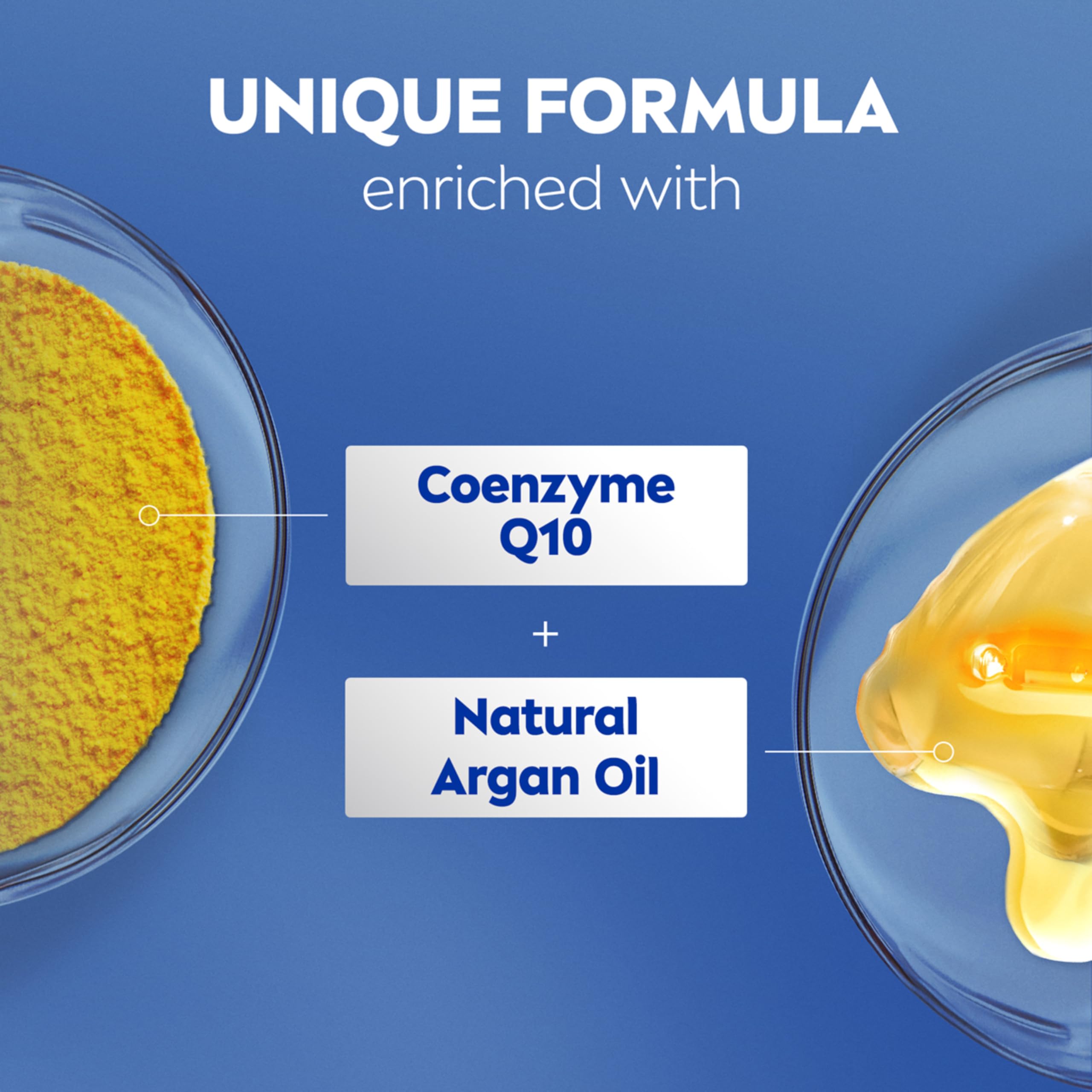 NIVEA CoQ10 molecule visualization signals energizing skin care benefits.