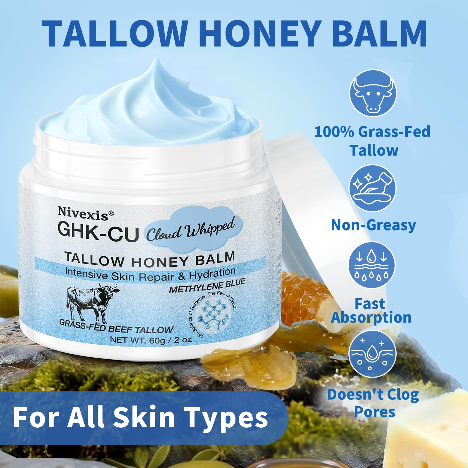 Nivexis grass-fed-tallow-beauty cream close-up highlights creamy moisture base.