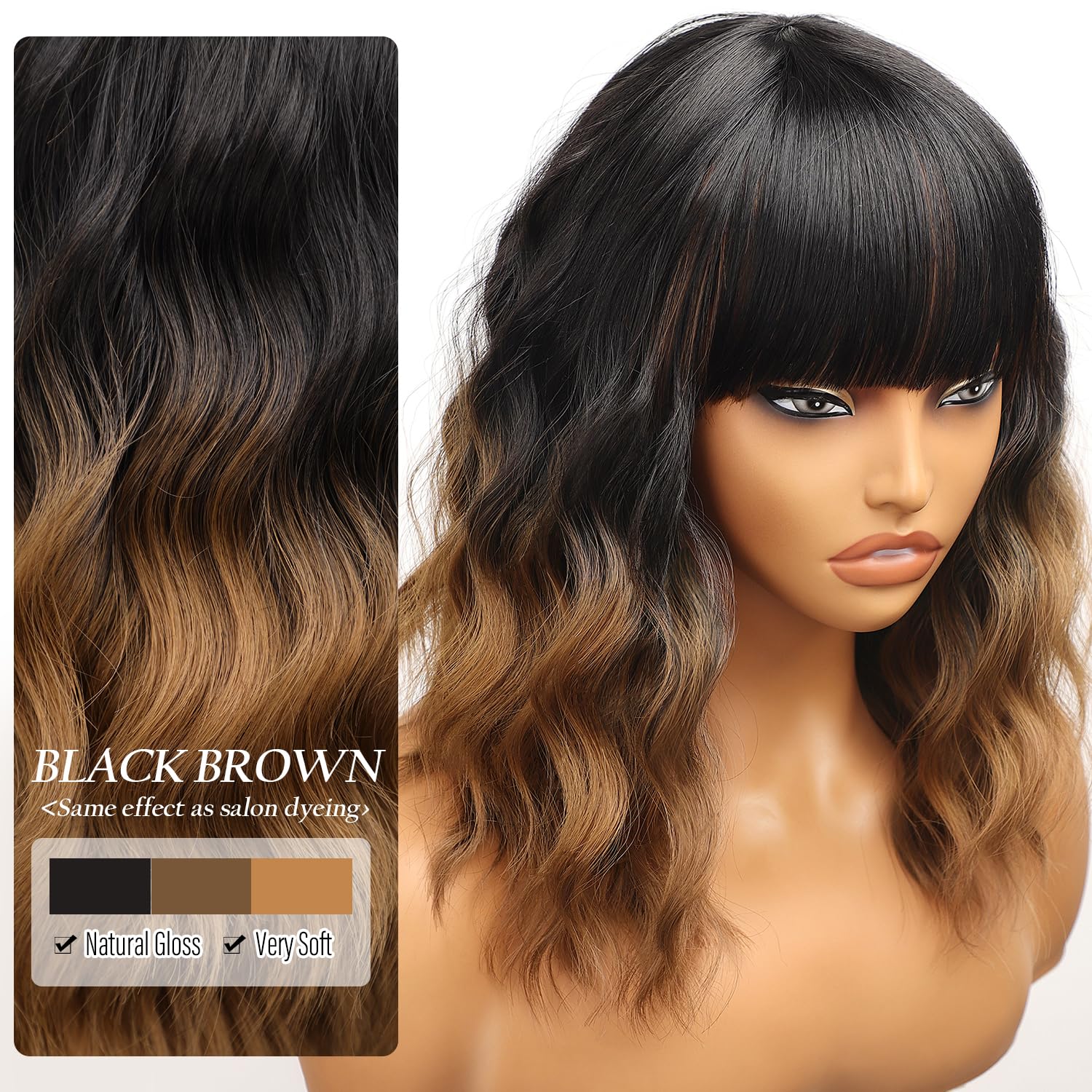 Peluca Nnzes con franja ondulada natural, facilita un look fresco sin esfuerzo.