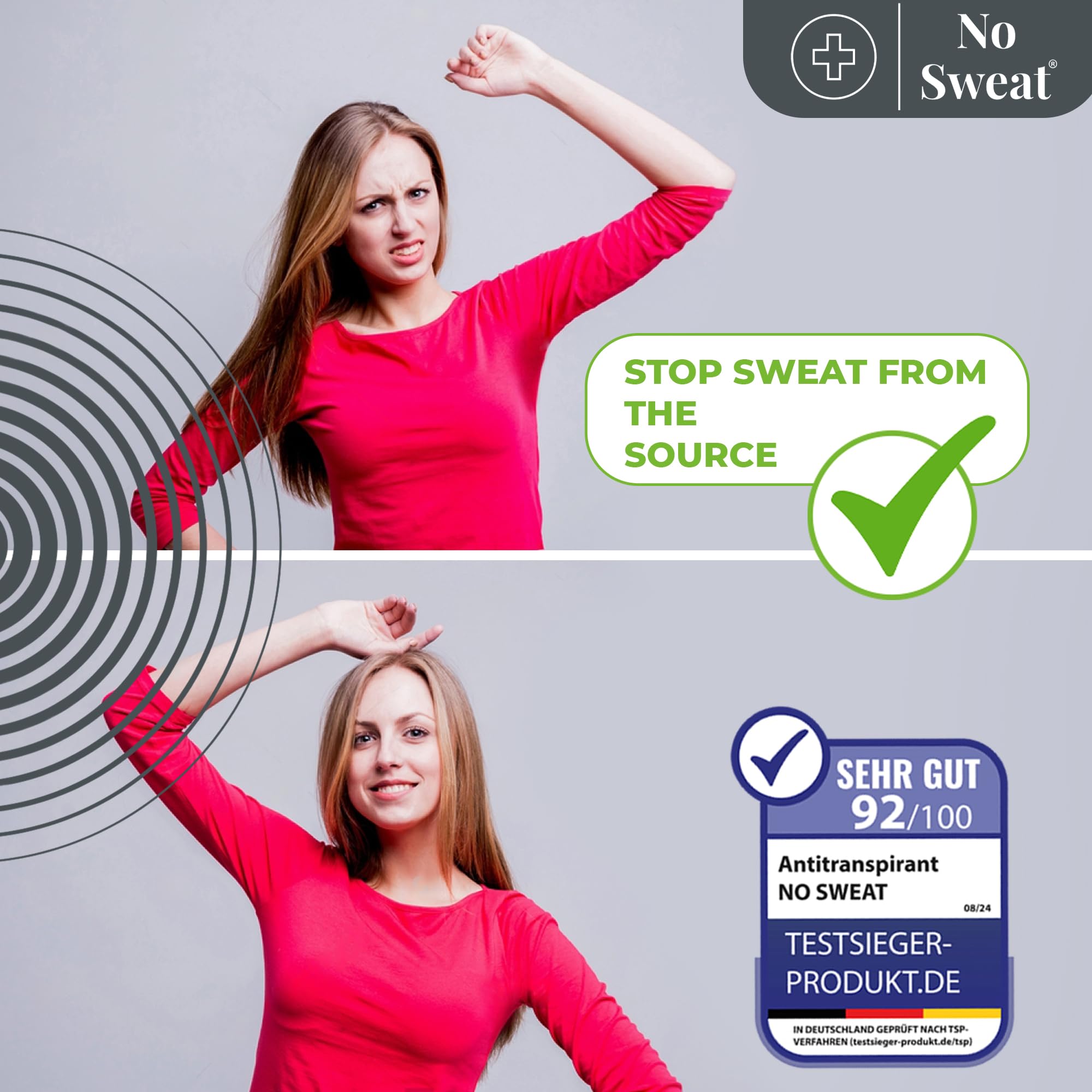 No Sweat mano sosteniendo lata, demostrando agarre cómodo y aplicación controlada
