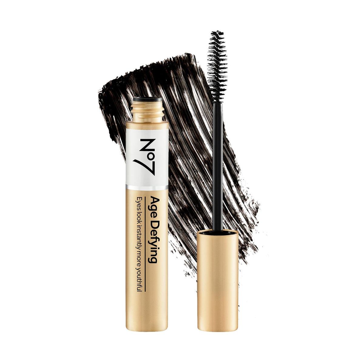 No7 Age Defying Eye Mascara full brush close-up showing dramatic lift and curl