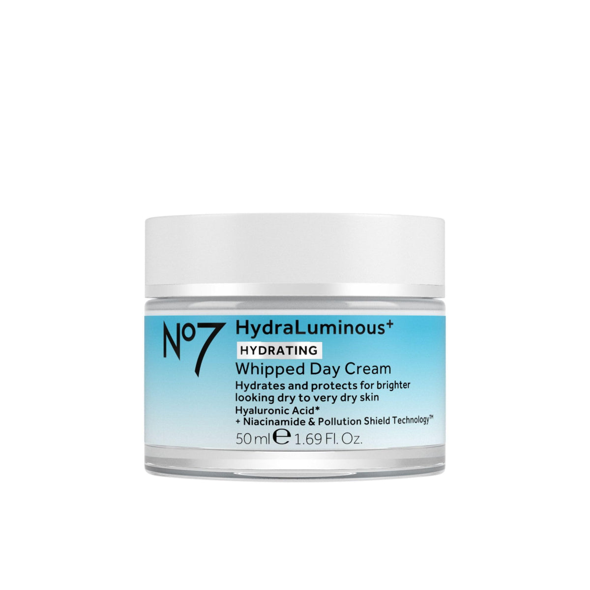 No7 HydraLuminous+ crema dia espumosa en botella para hidratación diaria