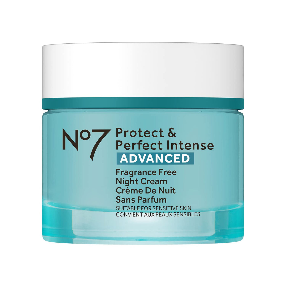 No7 Protect & Perfect crema nocturna sin fragancia en bote, adecuada para piel sensible.