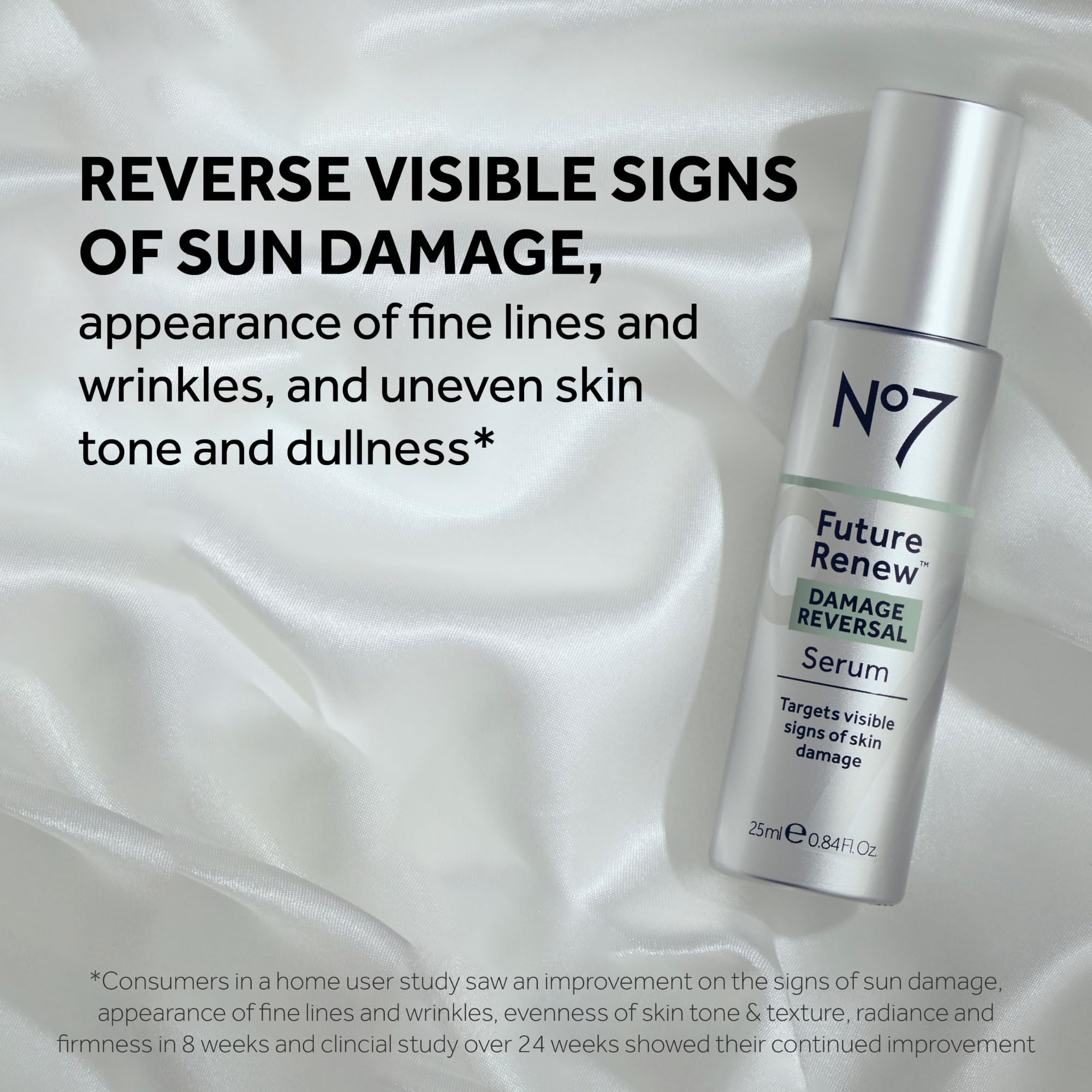 No7 Future Renew, absorción rápida en la piel, ideal para rutina matutina.