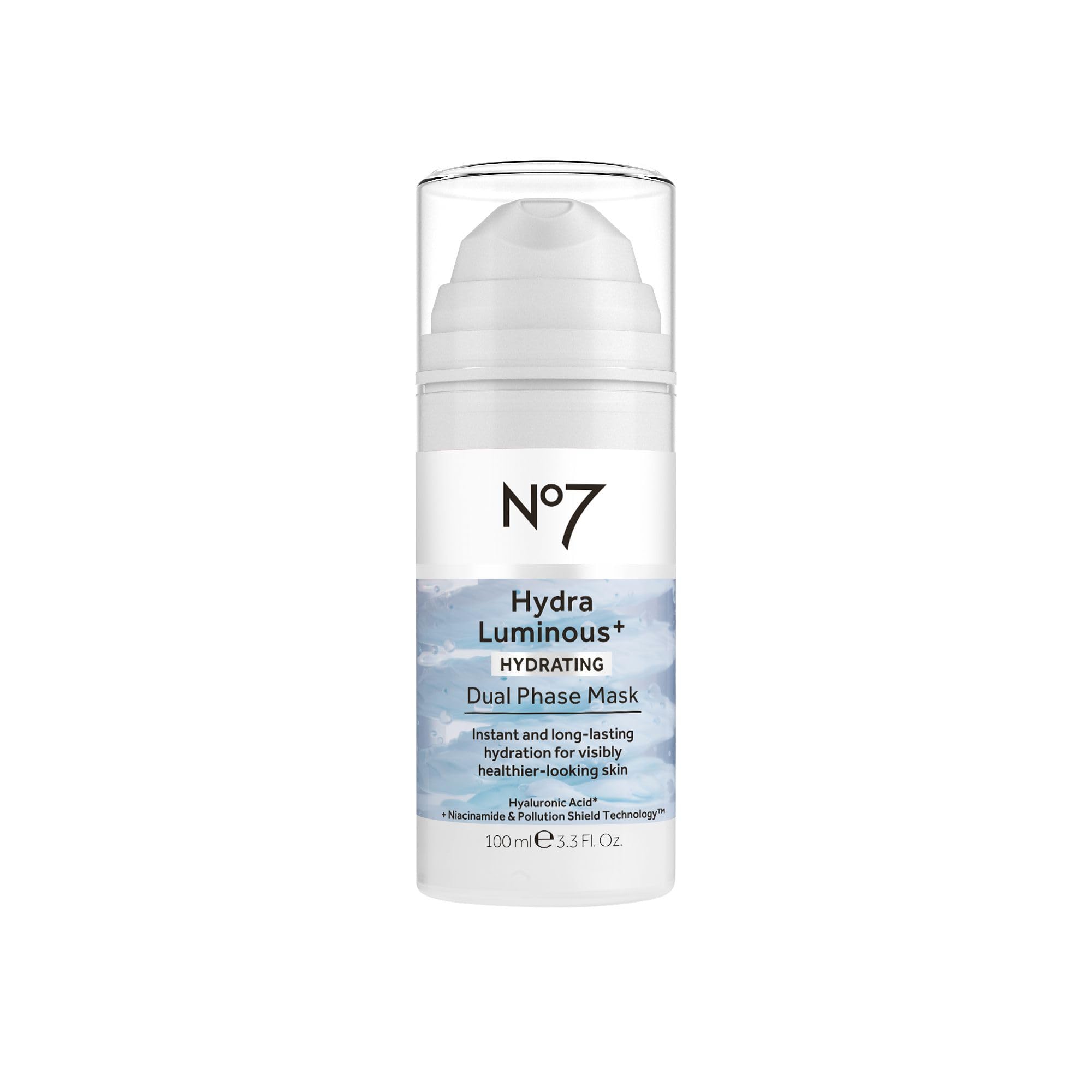 No7 HydraLuminous, botella-derramando para hidratación intensa y rápida.