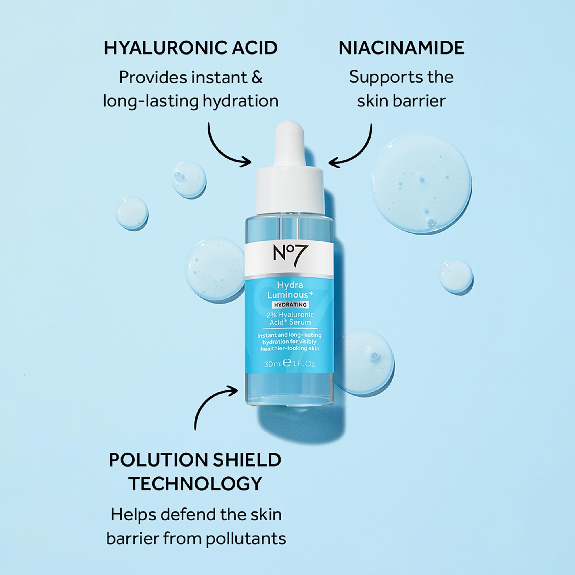 Aplicación suave del serum No7 Hydraluminous para una piel radiante.