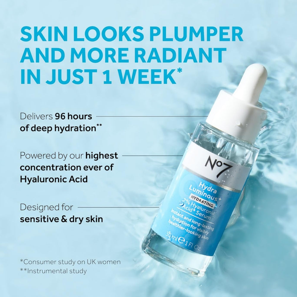 Gotas de serum No7 Hydraluminous para aplicar en el rostro.