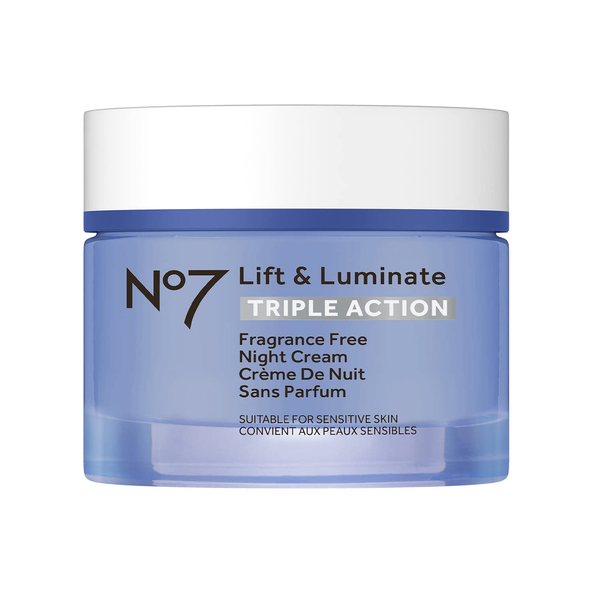 No7 Lift and Luminate, crema nocturna sin fragancia en envase de 50 ml para hidratación profunda.