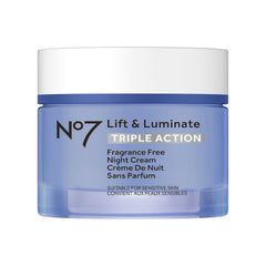 No7 Lift and Luminate, crema nocturna sin fragancia en envase de 50 ml para hidratación profunda.