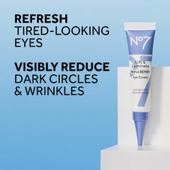 No7 Lift & Luminate crema de ojos, aplicación diaria para ojos cansados.