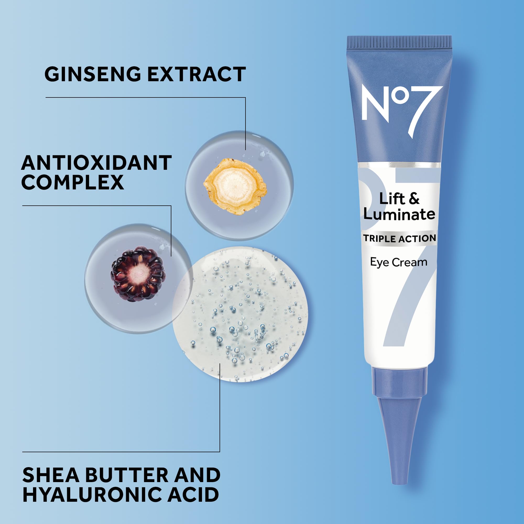 No7 Lift & Luminate crema de ojos, suaviza líneas finas alrededor de la mirada.