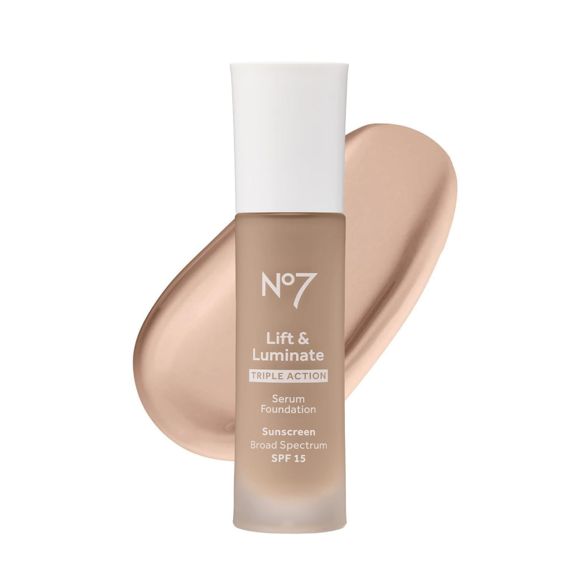 No7 Lift & Luminate, botella de 30 ml, base luminosa para piel madura.