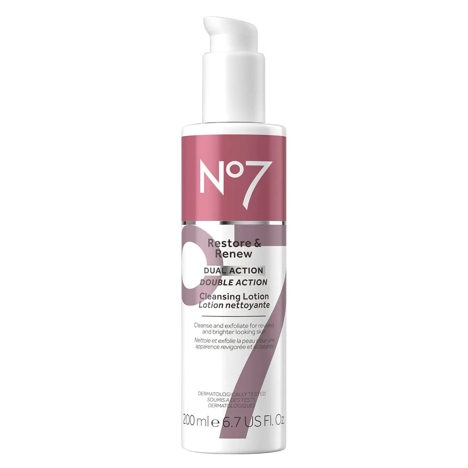 No7 Restore & Renew botella de limpiador de doble acción para desmaquillar y purificar la piel
