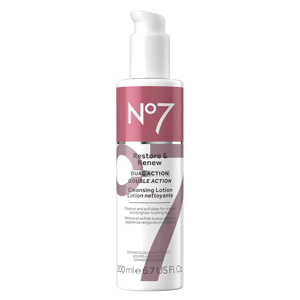 No7 Restore & Renew botella de limpiador de doble acción para desmaquillar y purificar la piel