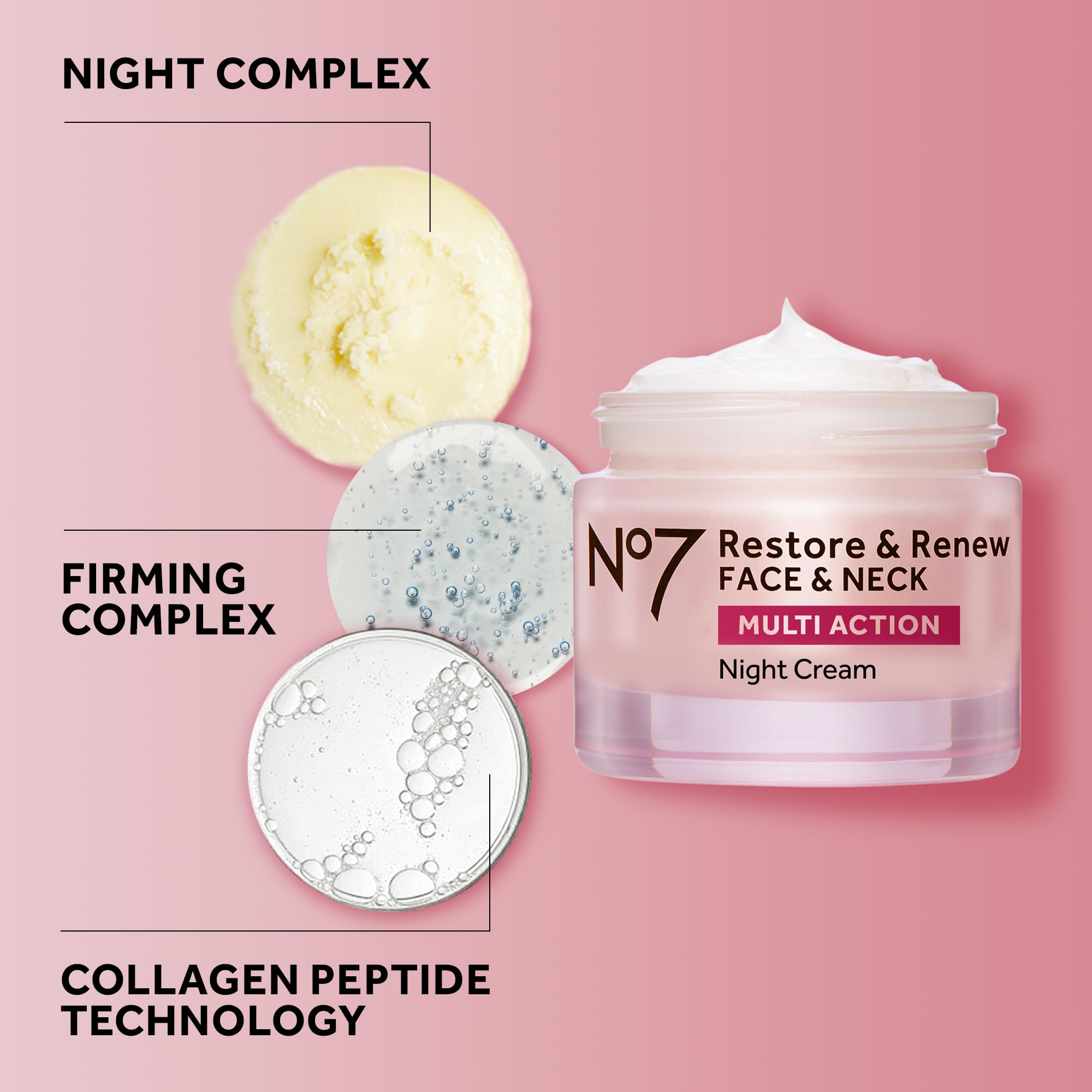 Fragrance-free No7 formula label communicates gentle overnight use.