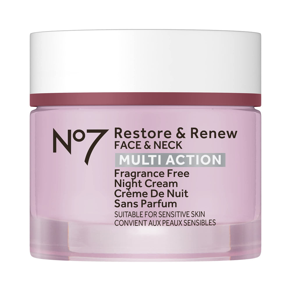 No7 Restore & Renew night cream bottle demonstrates hydration-ready night renewal.