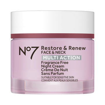 No7 Restore & Renew night cream bottle demonstrates hydration-ready night renewal.
