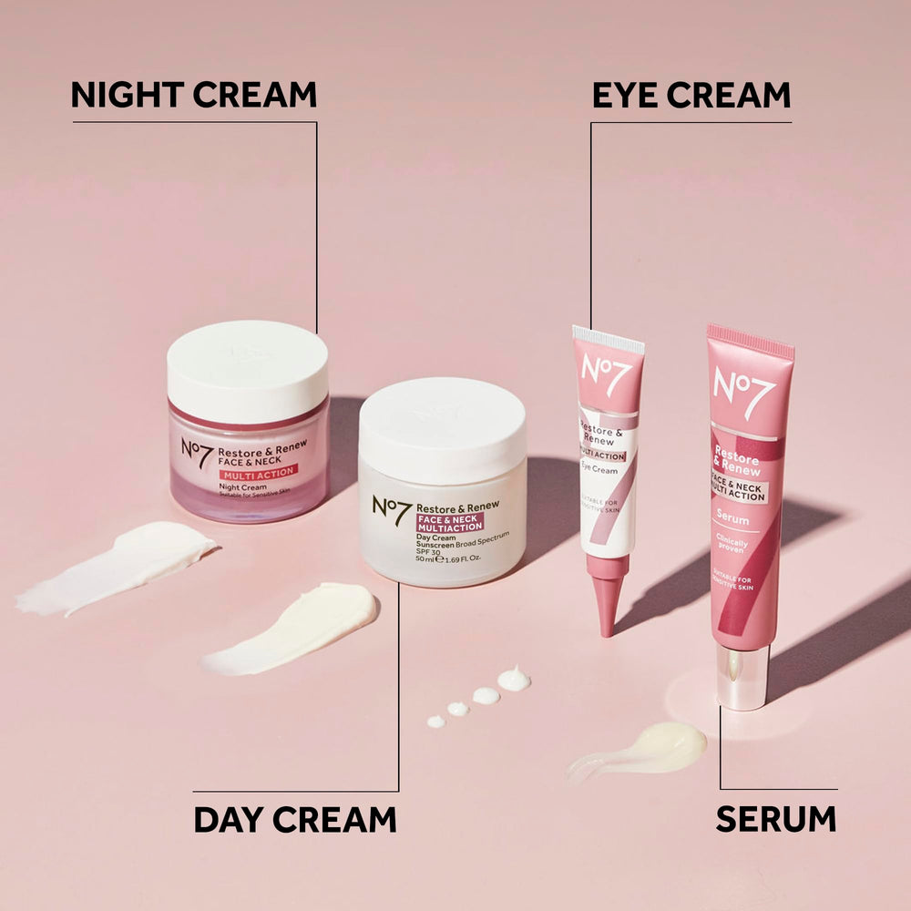 No7 Restore & Renew night routine setup suggesting serene bedtime skincare ritual.