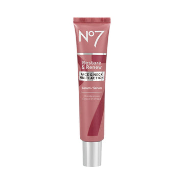 No7 Restore & Renew serum bottle close-up highlighting deep hydration and firming